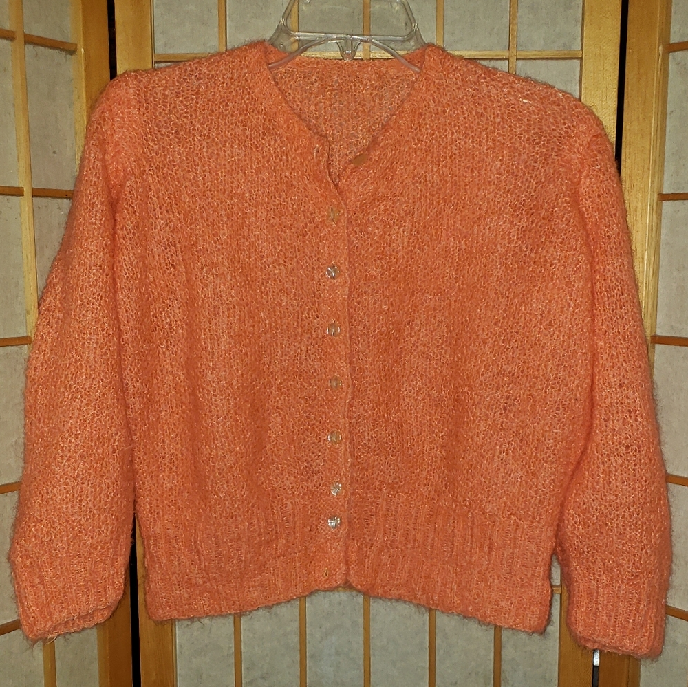 Vintage fuzzy peachy sweater. Beautiful buttons.